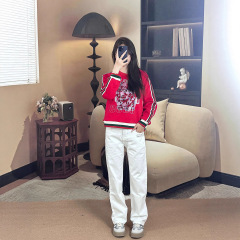 秋冬季加绒卫衣女高级感红色加厚圆领长袖招财猫图案妈妈装显年轻