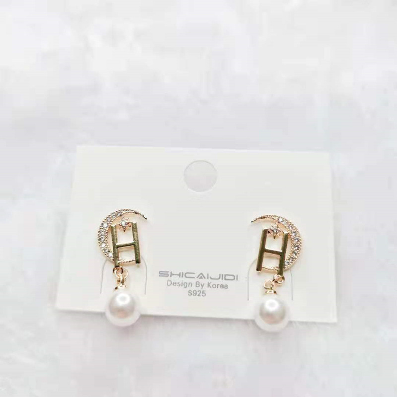 New Symmetrical Letter S925 Sterling Silver Earrings Women Fashion Temperament Moon Stud Earrings Freshwater Pearl Inlaid Hazelite Earrings