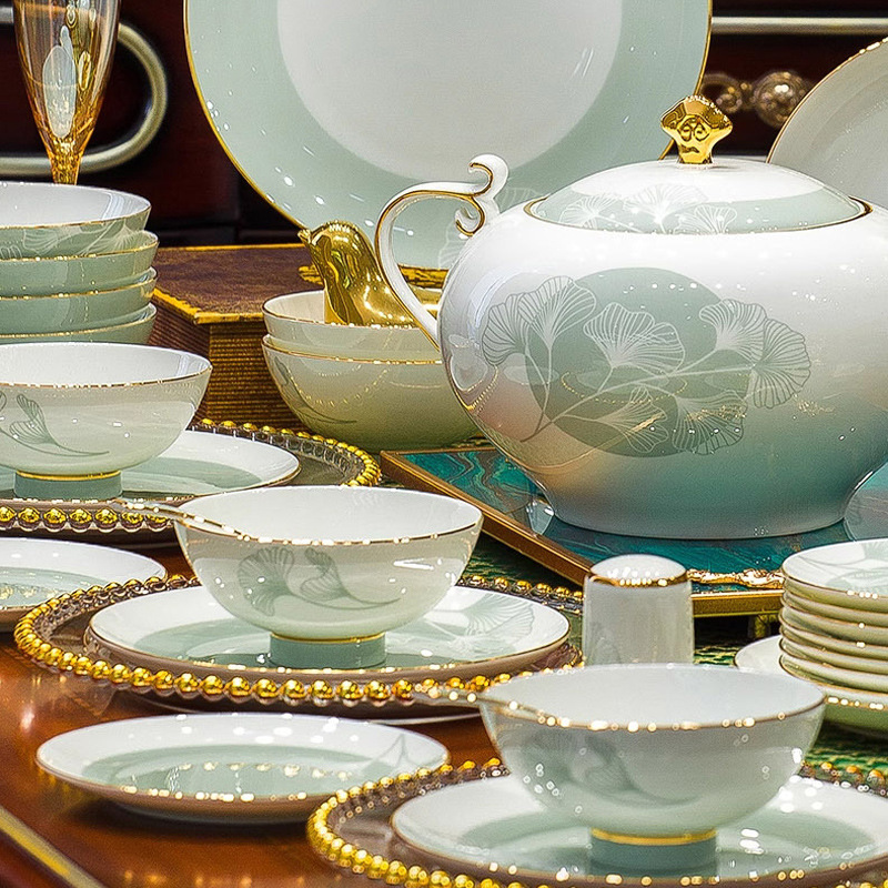 Jingdezhen Ceramic Tableware Set, High-Looking Golden Wind and Ginkgo Accessible Luxury Dishes Set, Household Tableware Leather Box