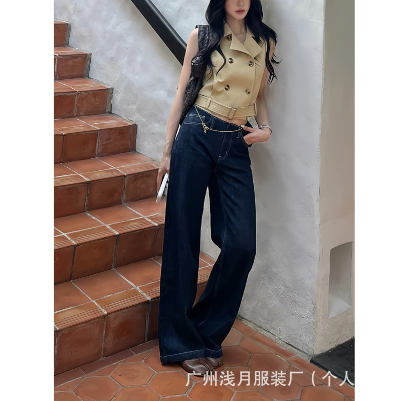 Ouou Ouyang'Wu' Straight-Leg Jeans with Waistband, Version 2.0 Upgrade! Heavy-Duty Upgrade with Active Dye-Washed Stitching Denim Jeans