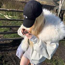 白色加绒加厚毛领连帽外套女冬季美式感保暖拉链开衫卫衣上衣
