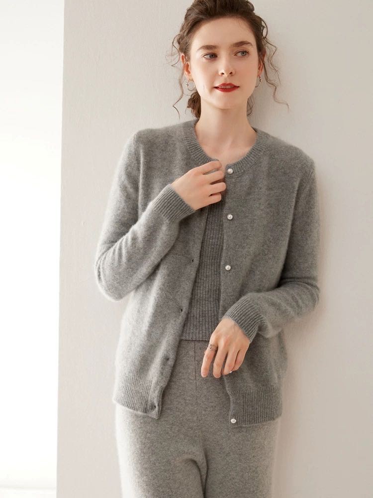 Woolen demi-season solid color cardigan with a round collar