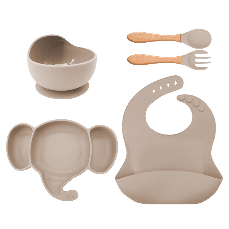 Plato de cena de silicona para niños tenedor cuchara traje de babero suministros maternos e infantiles traje de vajilla de alimentación infantil de grado alimenticio de silicona