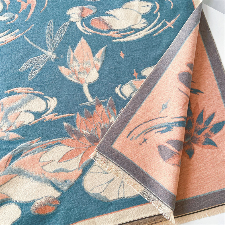 Kashmirhandkänsla för kvinnor, höst och vinter kinesisk stil lotusdamm varm imiterad kashmirhalsduk, tjock dubbelsidig_voghion.com