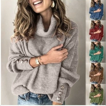 16-цветный трансграничный осенне-зимний женский свитер для европейской и американской внешней торговли, взрывной высокий воротник, манжета на пуговицах в наличии