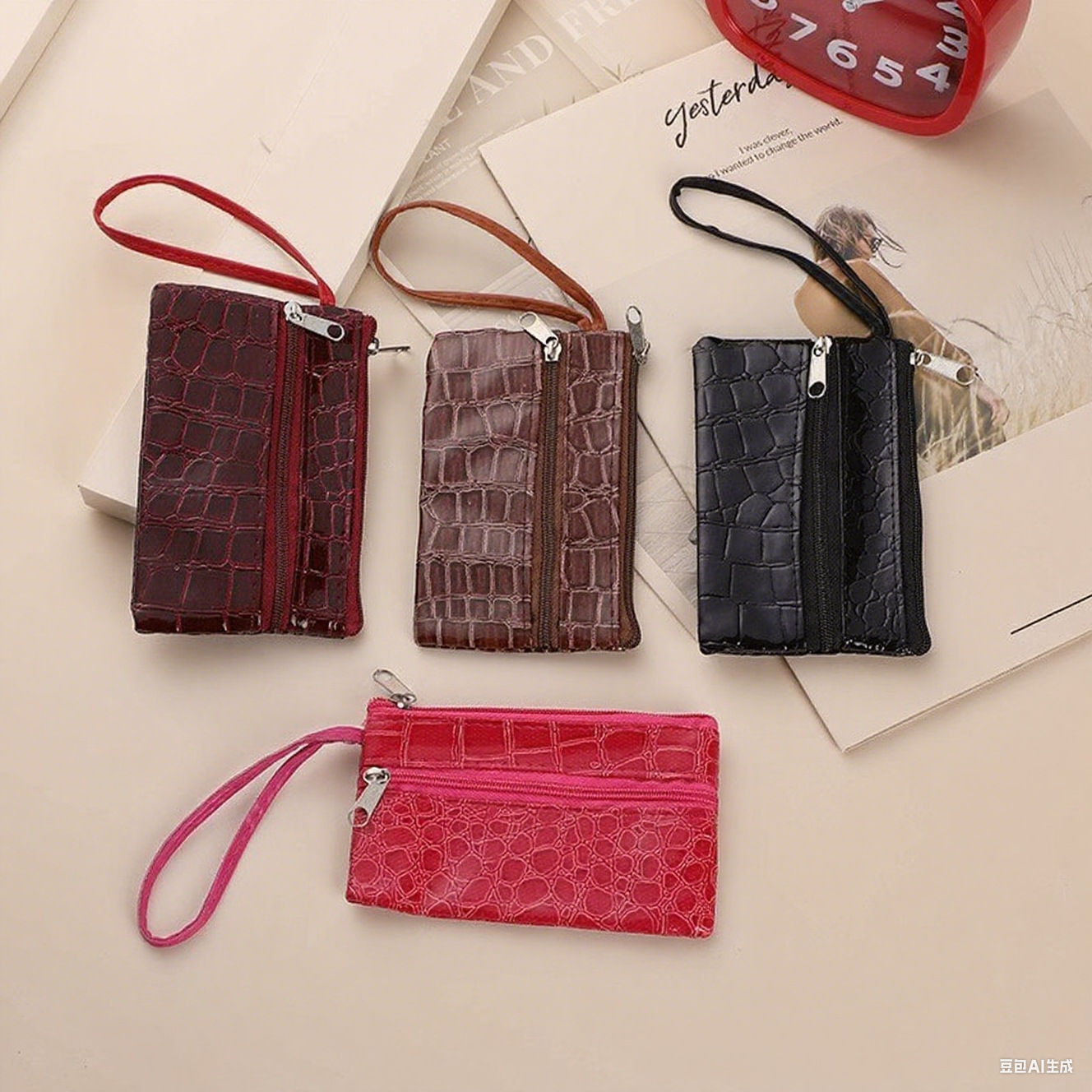 Crocodile Pattern Clutch Bag, Multifunctional Coin Purse, Coin Bag, Data Cable, Lipstick Storage Bag, Double Zipper Layered Design