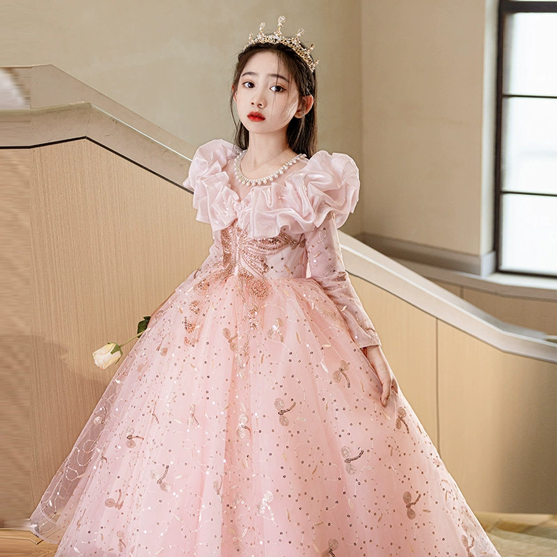 Детское вечернее платье розового цвета с длинными рукавами, летний стиль, для девочки-цветочницы на свадьбу, на десятилетие, платье принцессы на день рождения