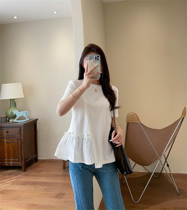 Design sense: Unconventional irregular hollowed-out embroidery patchwork hem, loose short-sleeved T-shirt for women, Spring/Summer 2025 G032206 pic 17