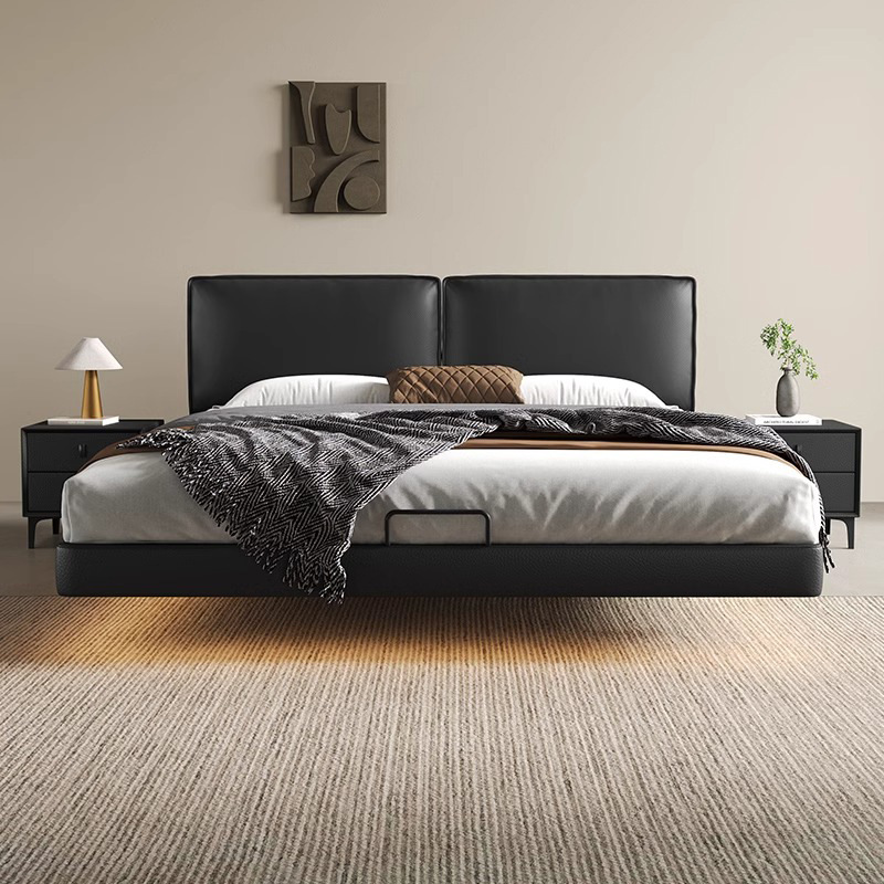 Cama de cuero de buey negro, cama principal, tofu negro, cama flotante, cama doble, cama de matrimonio simple.