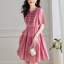 棉茧 玫红色天丝连衣裙女中长款裙子夏季新款收腰修身A字裙