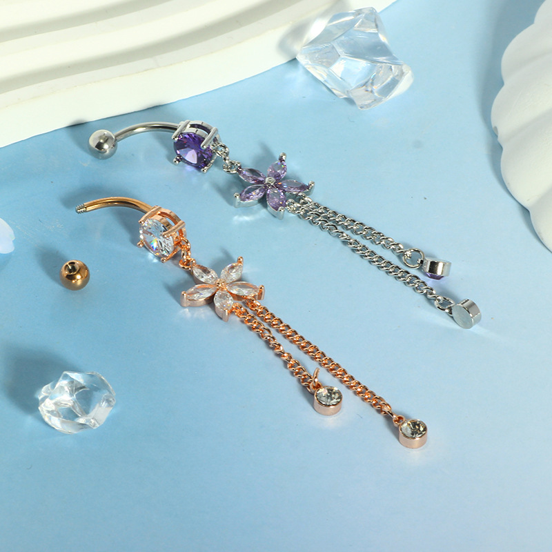 Plum Blossom Star Belly Button Ring CZ Copper Inlaid Piercing Rose Gold Body Jewelry detail image 9