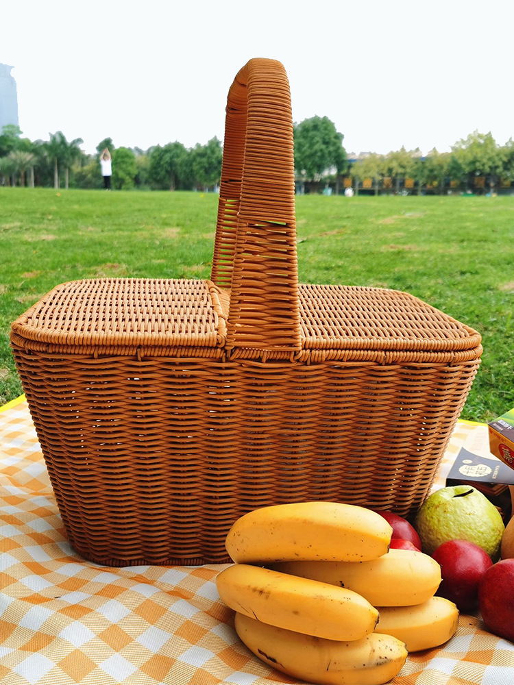 5ZV7 wholesale imitation rattan portable square covered large picnic basket supermarket shopping basket fruit and vegetable picking basket