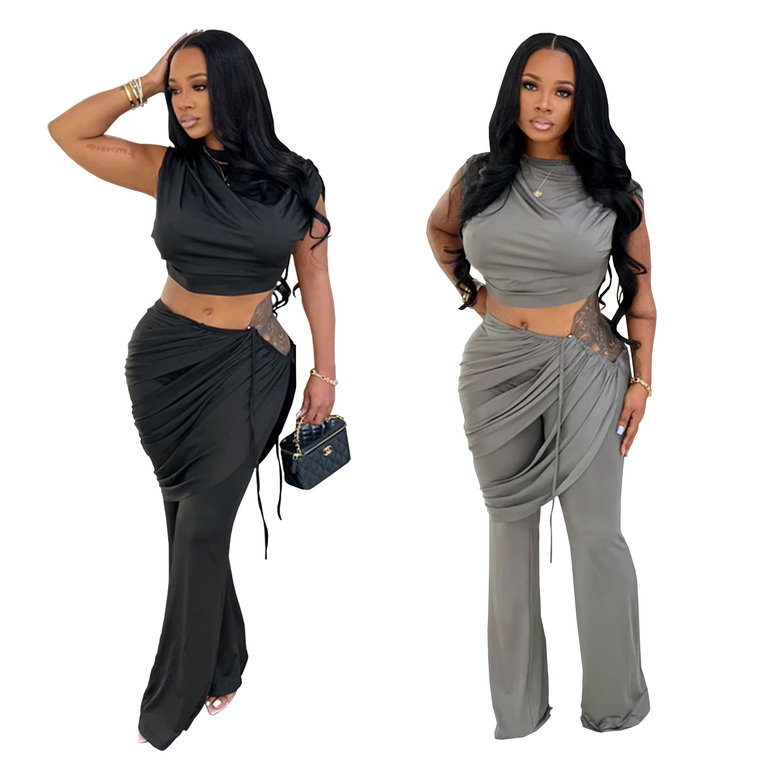 C7528 Aliexpress transfronterizo Amazon Europa y América de moda de mujer casual sin mangas blusa de umbilical pantalones largos de dos piezas image 6