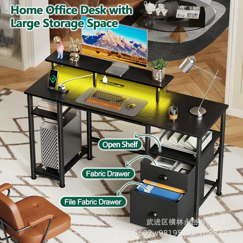Cross-Border Manufacturer Computer Desk with Drawer Double-Sided Desk with Monitor Stand and Storage Rack Home Study Desk