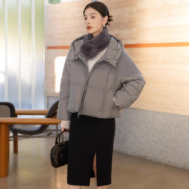 Endy Gray Double-Sided Wool Coat with down Jacket, 2026 Season Short Casual Hooded Thick Coat for Women