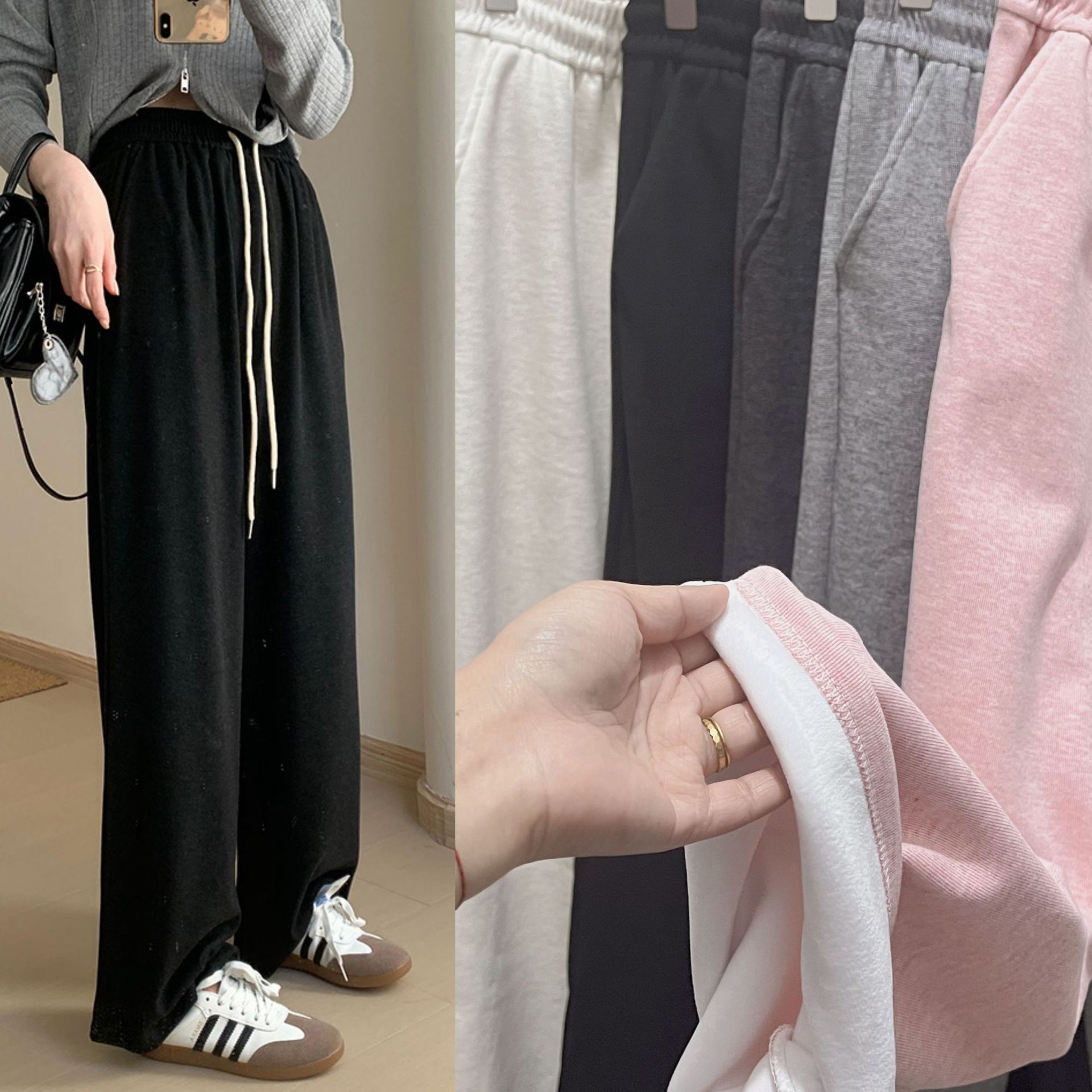 580g秋冬加厚加绒阔腿裤女暖暖糯米羊绒质感遛弯直筒显瘦休闲裤