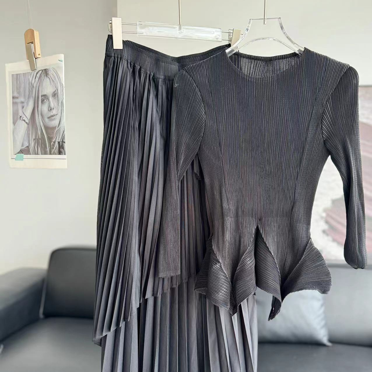 Women's Clothing solid color evening dress long sleeve two piece set floral hem elastic waist skirt top elegant commuter suit_voghion.com