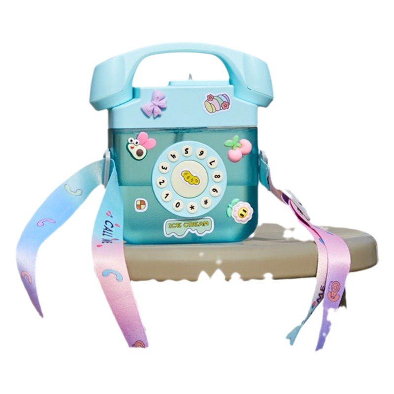 Venta al por mayor transfronteriza de vasos de agua de plástico con forma de teléfono, creativos y famosos en internet, de la marca Yafeiqi, con correa cruzada para niños.