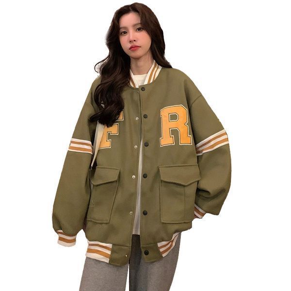 春秋美式棒球服宽松大码爆款小众字母上衣慵懒风毛呢外套女ins潮|undefined