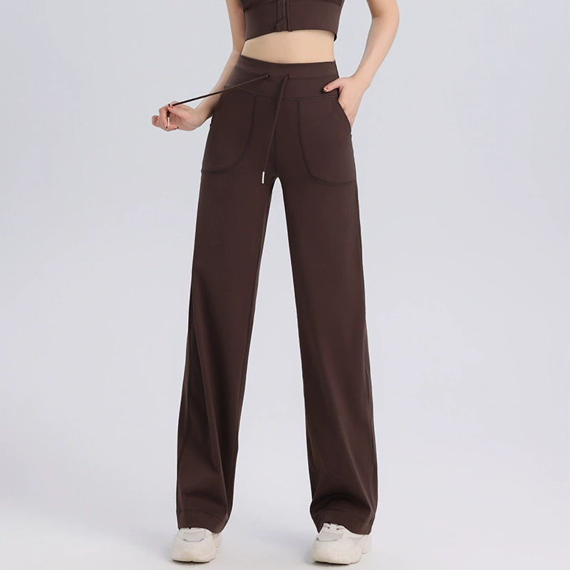 Женские широкие брюки для йоги на осень и зиму, расклешенные брюки, повседневные длинные брюки для фитнеса, с высокой талией, подтягивающие бедра, на шнурке, свободного кроя с карманами