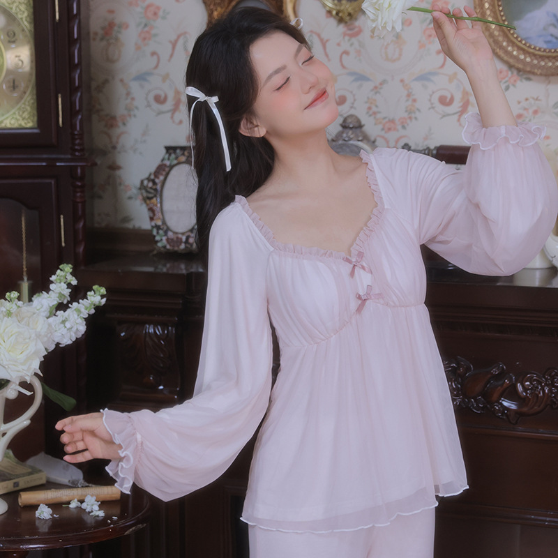 复古宫廷桃型大领口带胸垫睡衣套装莫代尔网纱长袖长裤少女家居服