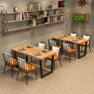 工業風飯店實木餐桌椅組合餐廳鐵藝長方形桌子火鍋店複古四方桌子