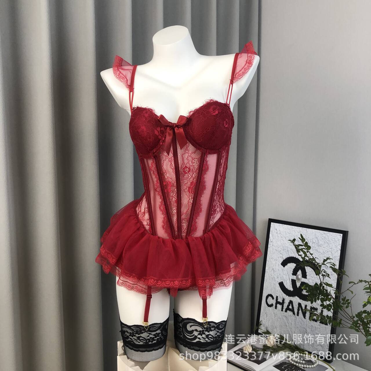 버건디 가슴 패드 조끼 오픈 팬티 블랙 스타킹