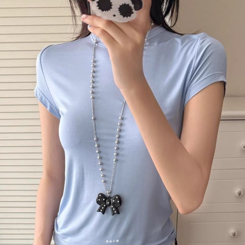 韩系黑色波点蝴蝶结项链女ins风小众设计感简约百搭长款毛衣链配|undefined
