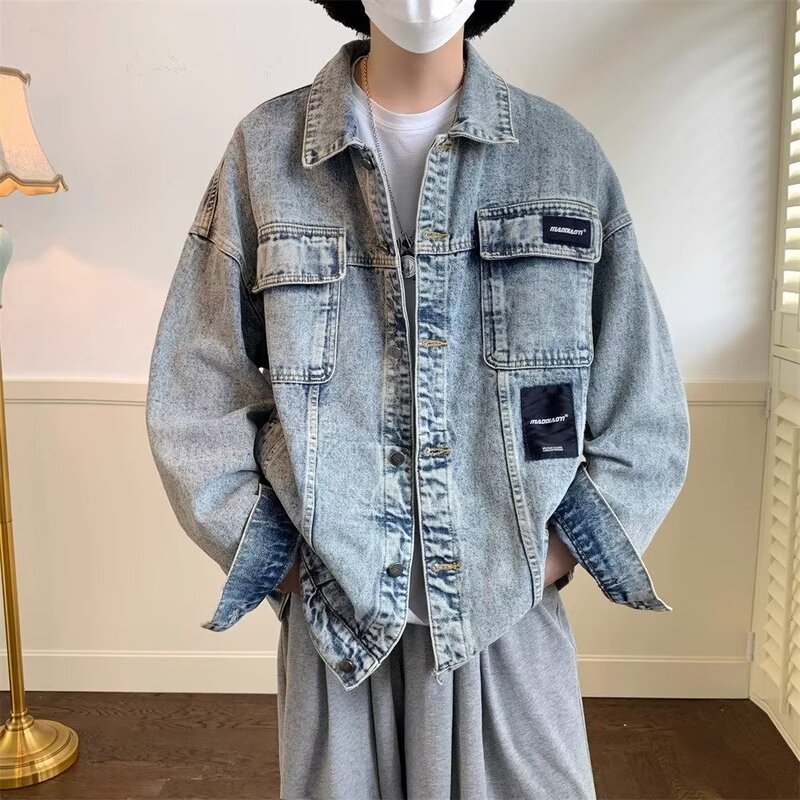 chic Spring and Autumn ins fashion brand couple jacket bf loose American retro distressed design sense Denim coat for men