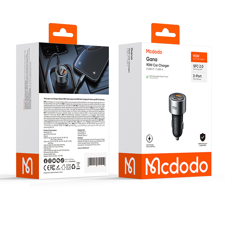 Mdd Gana Series Three-Port Fast Charging Car Charger 2C1A 90W Suitable for Huawei, Samsung, and Apple Car Chargers