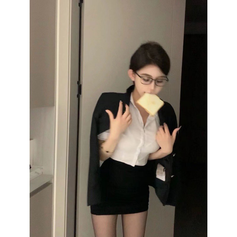 夏季新款收腰显瘦短袖纯欲OL制服套装女职业臀裙衬衫辣妹上衣|undefined