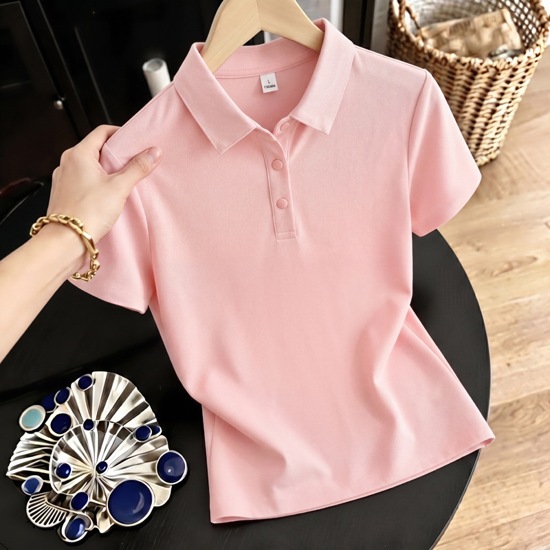 Ice Silk Short-Sleeved T-Shirt for Women, Summer New Style, Polo Shirt with Lapel, Loose and Versatile, Slimming Top, Middle-Aged Women's T-Shirt