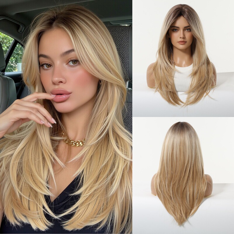 Wig women gradient gold eight-character bangs gradient long hair domestic silk whole headgear modeling in stock wholesale factory wig