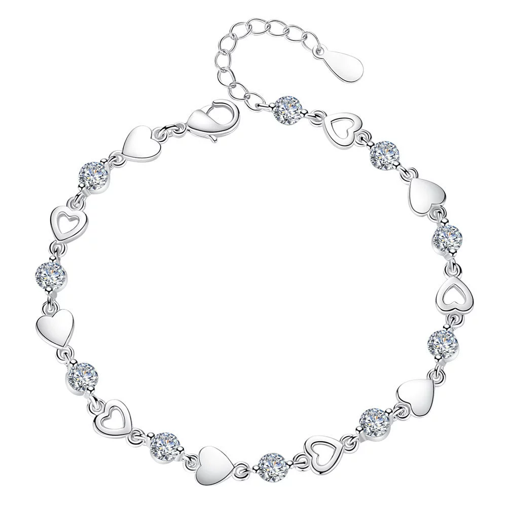 Браслет (WEIHUA) с сердцем из кристалла, посеребренная медь, корейский стиль, 0.03 кг