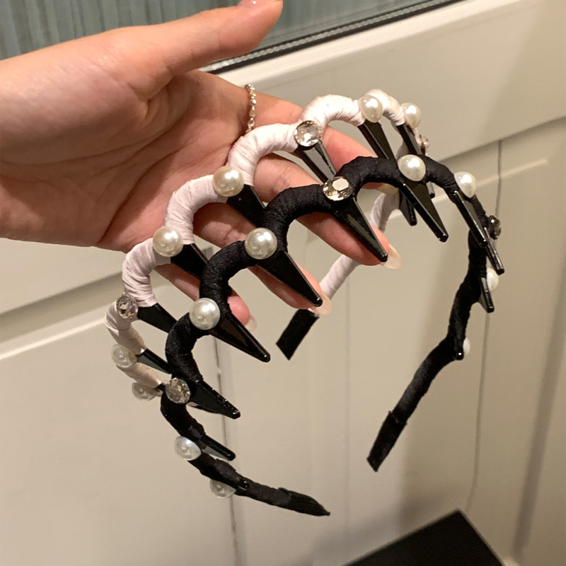 女性用パールウェーブヘッドバンド 2025 新しいふわふわテクスチャー歯付き滑り止めヘッドバンド洗顔用特別な高頭蓋ヘアピン|undefined