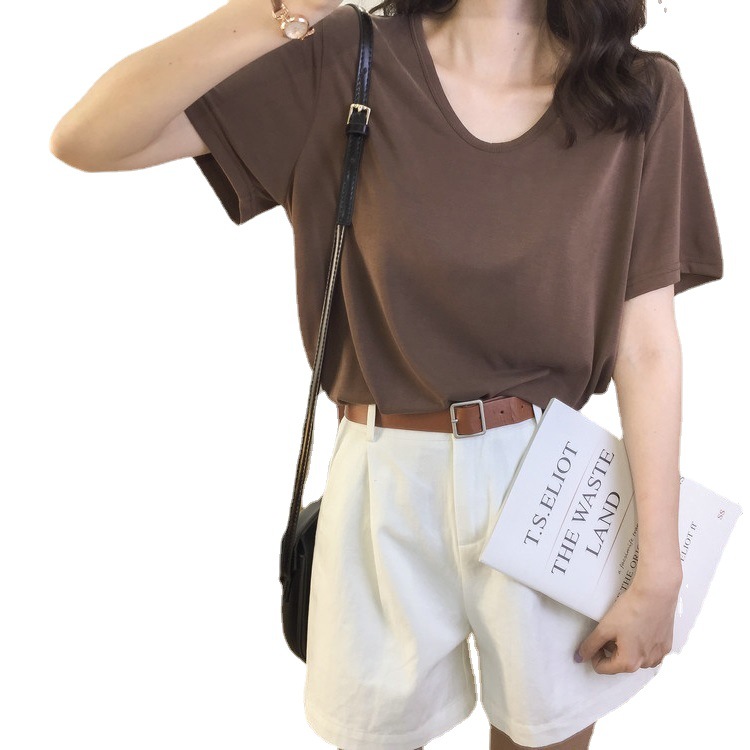 Camiseta de manga corta para mujer 2025, top moderno con cuello en V para mujer, nuevo estilo de verano, adelgazante, venta al por mayor transfronteriza