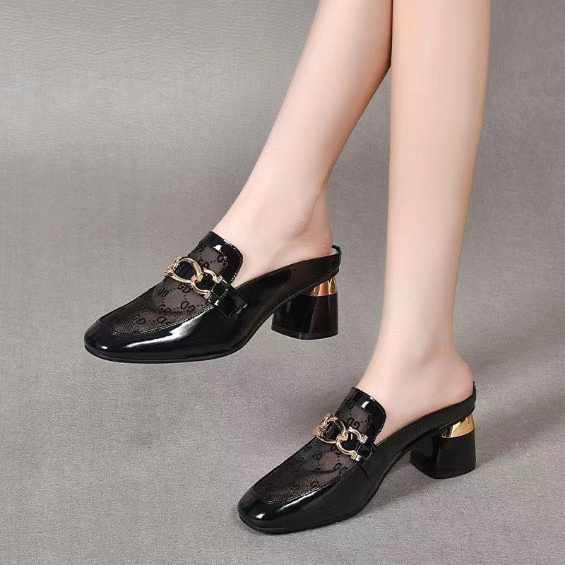 Closed toe high heel outdoor slippers women's shoes 2023 spring and summer cow patent leather mesh metal buckle half slippers elegant fashion shoes