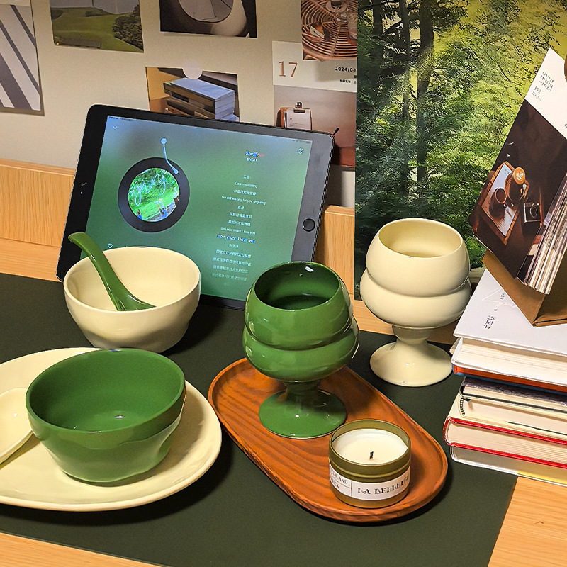 Fan Tesi Milk Green Ceramic Bowl and Dish Plate Tableware Spring and Summer Gift High Color Value Water Cup Mug Household Rice Bowl Dinner Plate