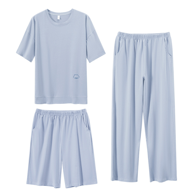 코튼 파자마 남자 3 피스 반팔 반바지 여름 캐주얼 심플 플러스 사이즈 피부 친화적 인 홈 의류 OV