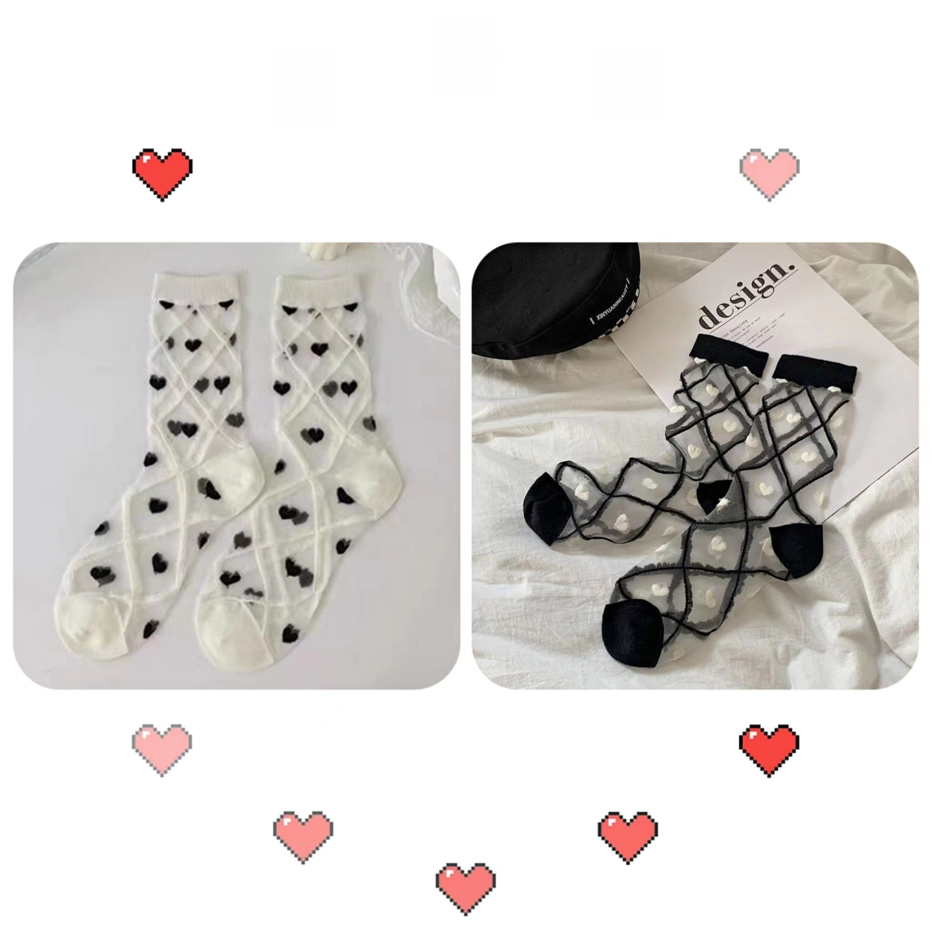 ins Calzini corti in seta di vetro sottile in bianco e nero estivi Calzini di media lunghezza da donna ins Calzini traspiranti alla moda con orecchie in legno di celebrità di Internet_voghion.com