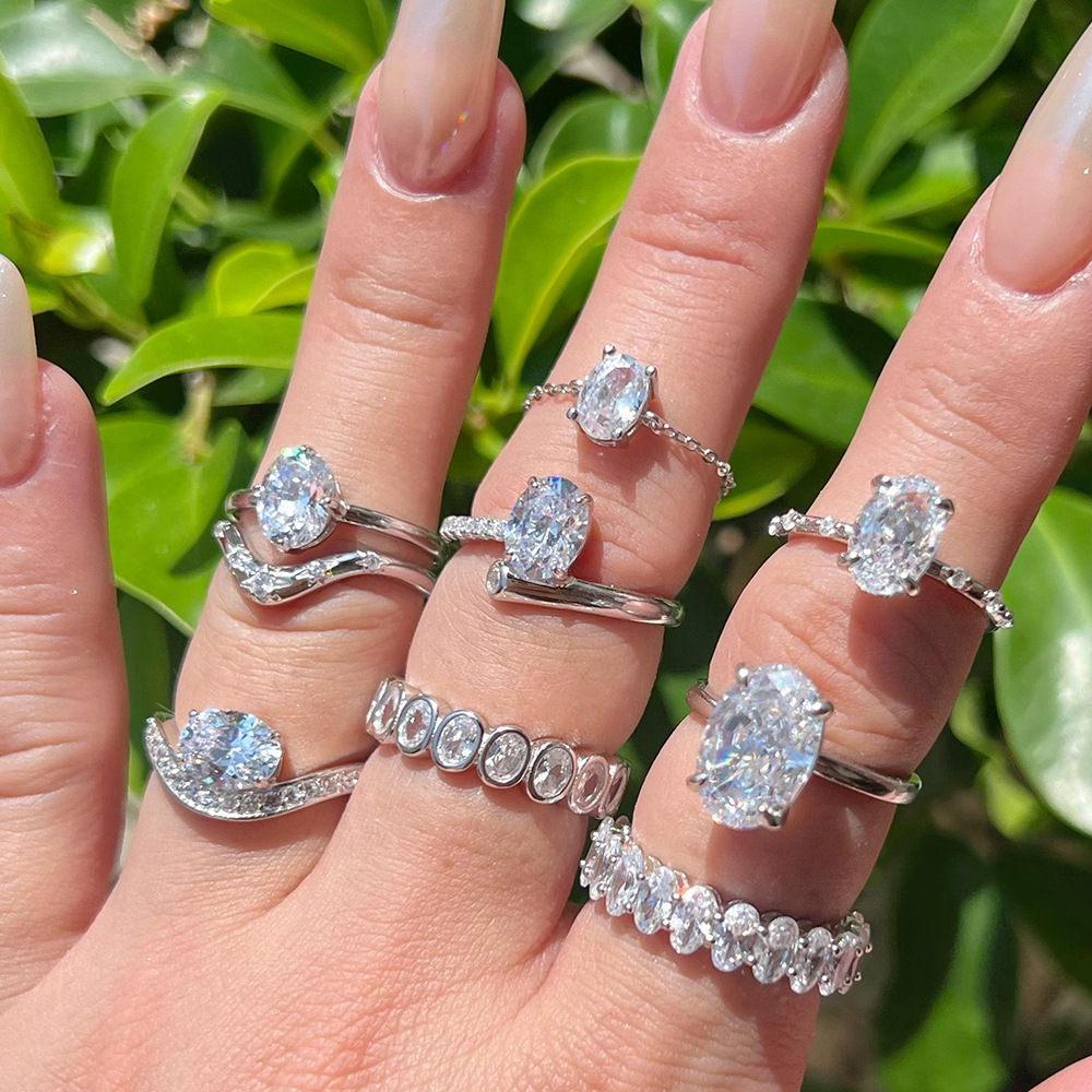 跨境直播S925純銀戒指女小眾輕奢高級感橢圓8A冰花切高碳鑽銀指環