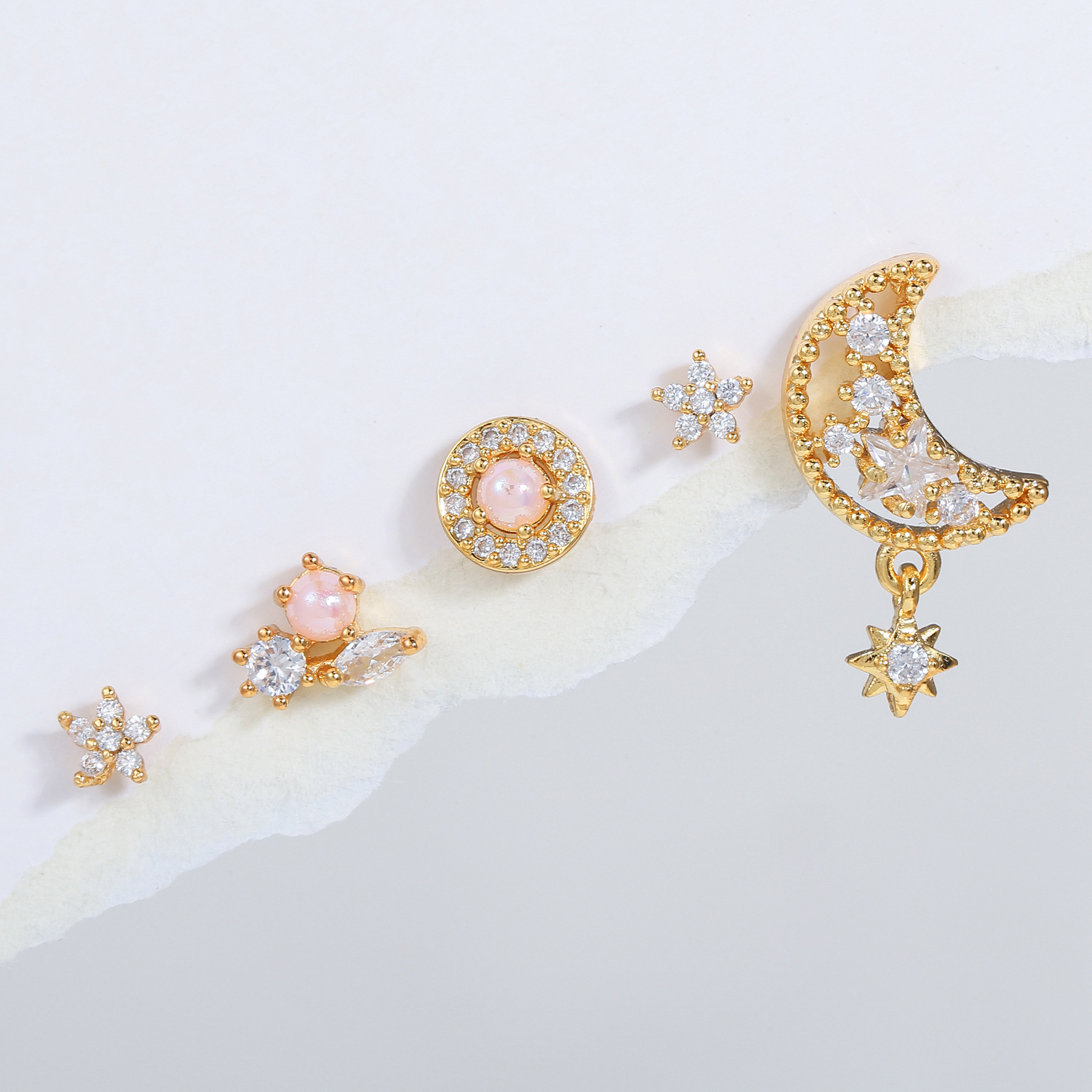 Fashion Pentagram Moon Copper Gold Plated Artificial Pearls Zircon Ear Studs 5 Pieces