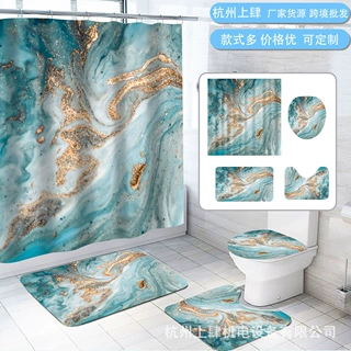 跨境新款水墨金绿大理石纹浴帘浴帐浴室淋浴帘隔断帘浴罩布装饰帘