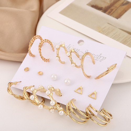 European and American cross-border new half-circle earring accessories, exaggerated creative retro imitation pearl hoop earring set, 9 pairs.