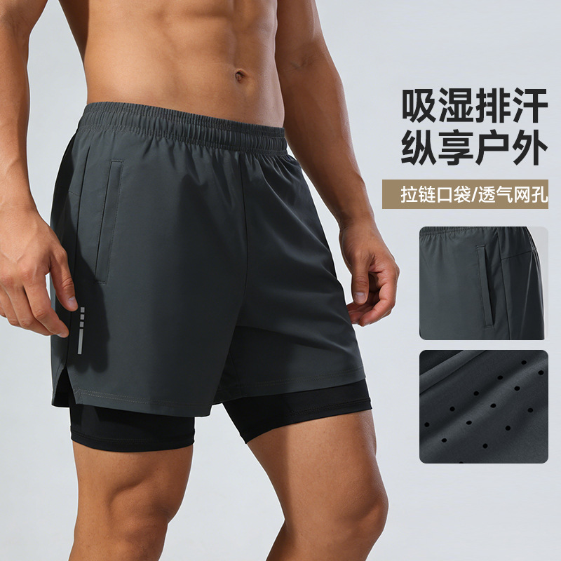 Men's Two-In-One Perforated Breathable High-Elasticity Running Training Pants Quick-Dry Double-Layer Sports Pants for Foreign Trade Cross-Border Sales