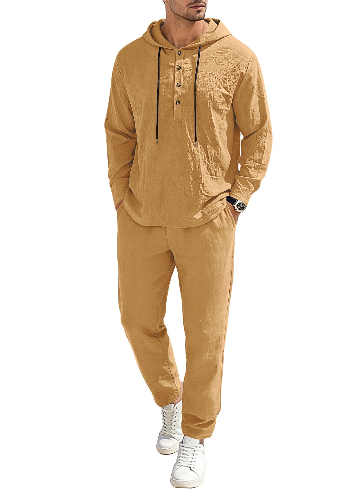Nuevo transfronterizo europeo y americano TK Amazonas hombre nuevo lino de color sólido con capuzas de tirada manga larga pantalones para hombres