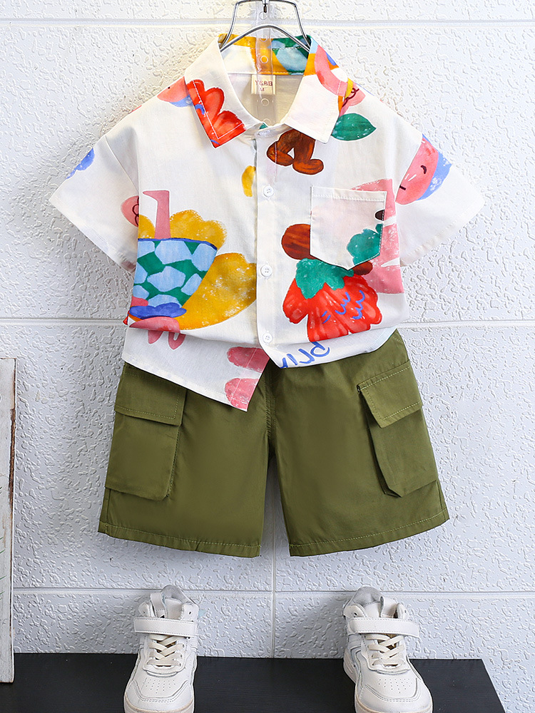 7152 Traje de verano para niños 2025 Nueva camisa coreana para niños de estilo occidental Pantalones cortos de manga corta de verano Traje de dos piezas