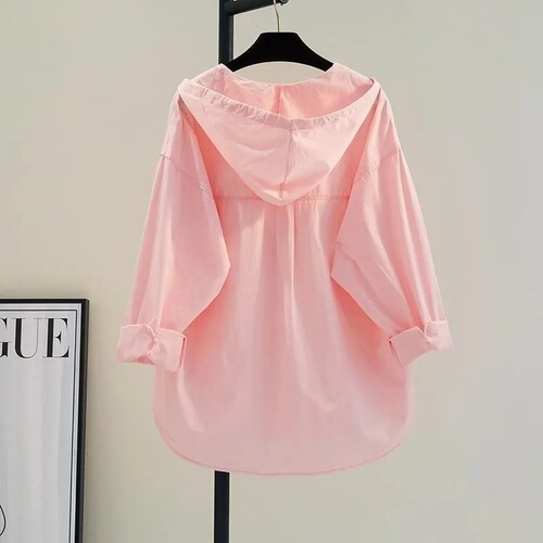 Pink Hooded Shirt Thin Jacket for Women 2025 Spring/Summer Single-Pocket Casual Hooded Cardigan-Style Blouse