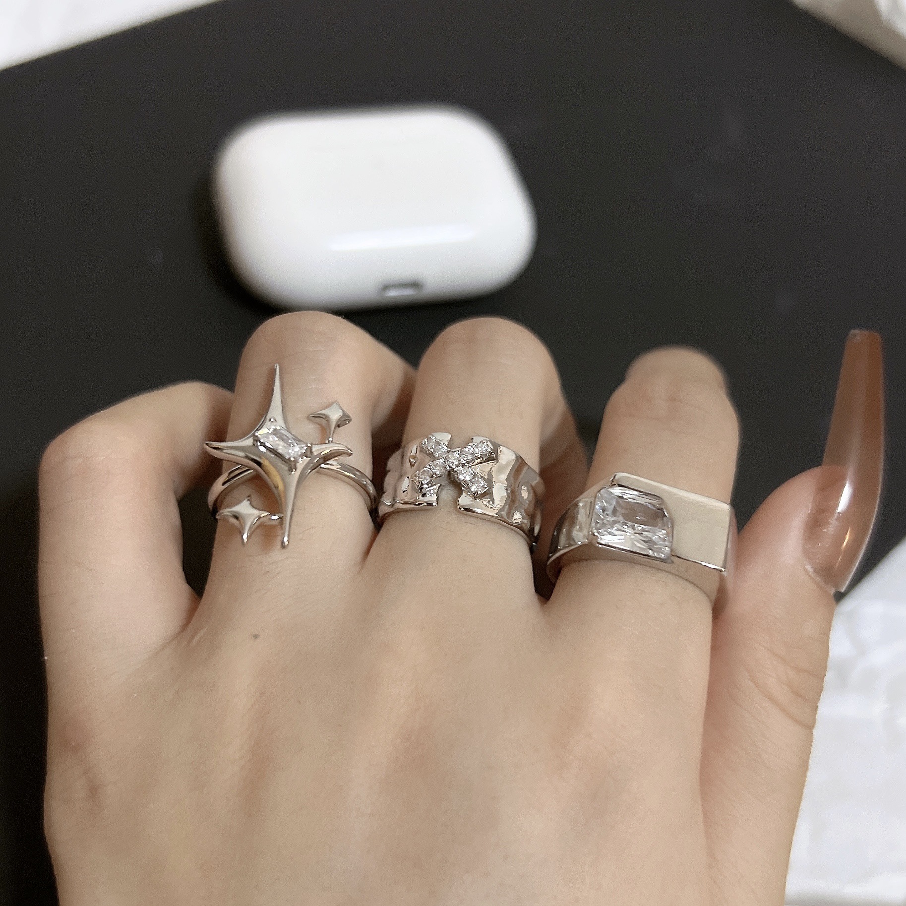 new diamond-embedded star mango hollow silver joint ring creative cold style personalized open index finger ring ins_voghion.com