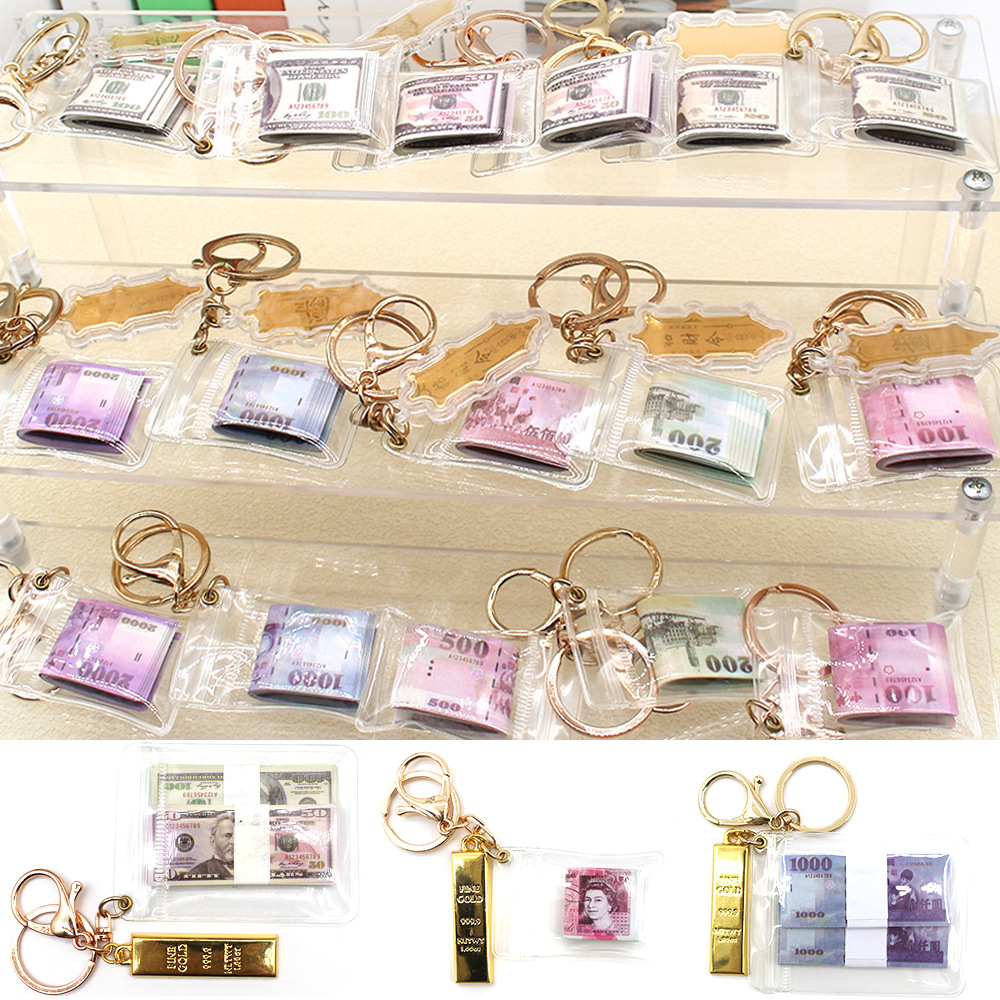 Simulación de dólar de Taiwán, dólar estadounidense, libra, won coreano, moneda indonesia, llavero, colgante de billetes de papel, medalla de oro, colgante de barra de oro, máquina de bebé